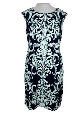Dressbarn Shift Dress Women's Size 14 Blue Damask Pattern Drop Shoulder